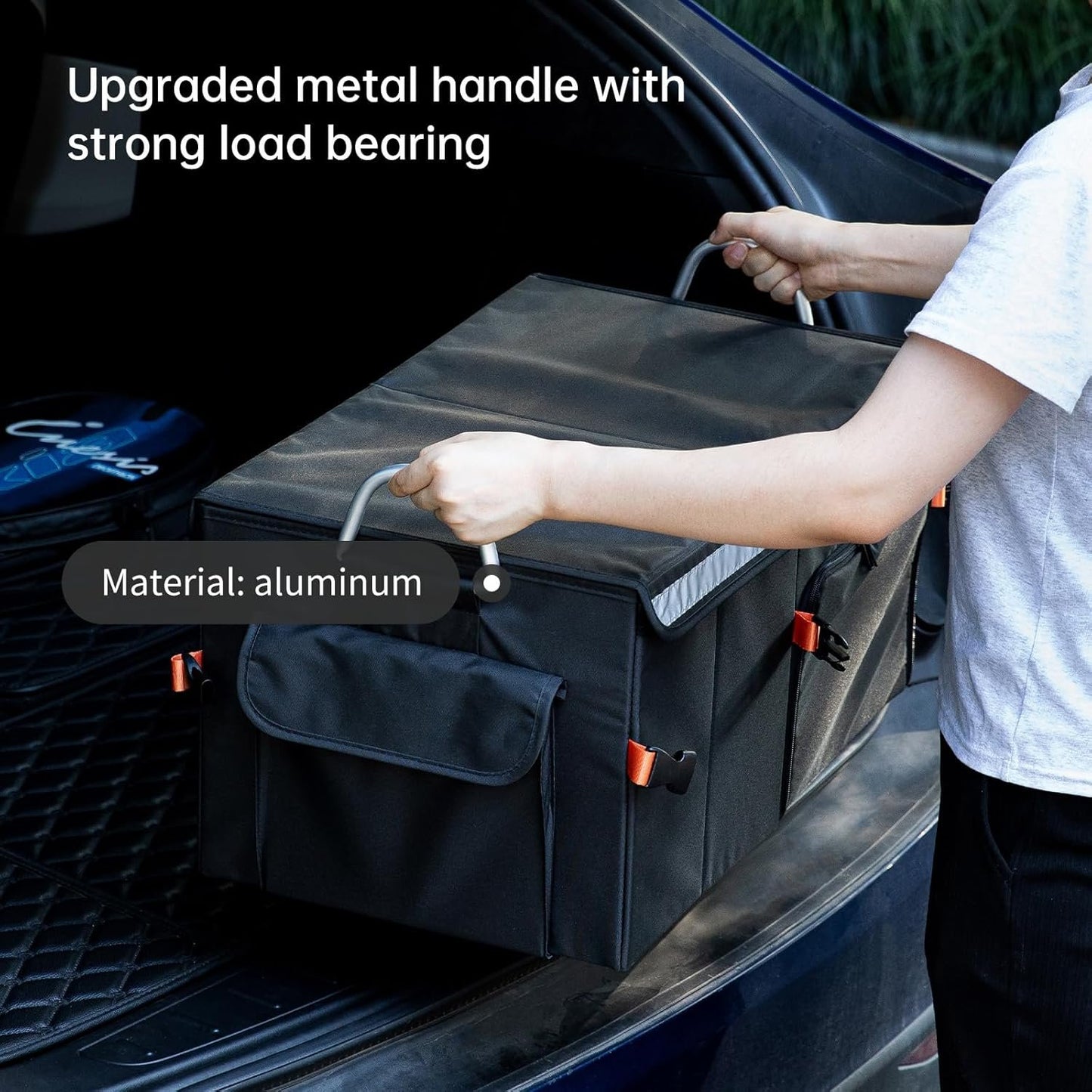 SHIMOYAMA Trunk Organizer, 63L Foldable Car Storage Box for Camping, Picnic, Collapsible Multi Compartments for SUV, Car Storage Bin with Aluminum Handles, Black