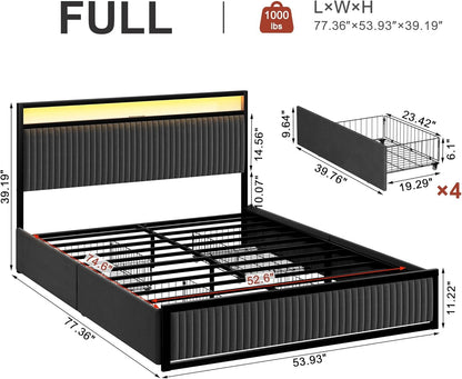 ROLETALENT Full Bed Frame with 4 Storage Drawers and Headboard Upholstered Bed Frame Full Size with Charging Station & LED Velvet Platform Bed Frame Metal Support No Box Spring Needed Dark Grey