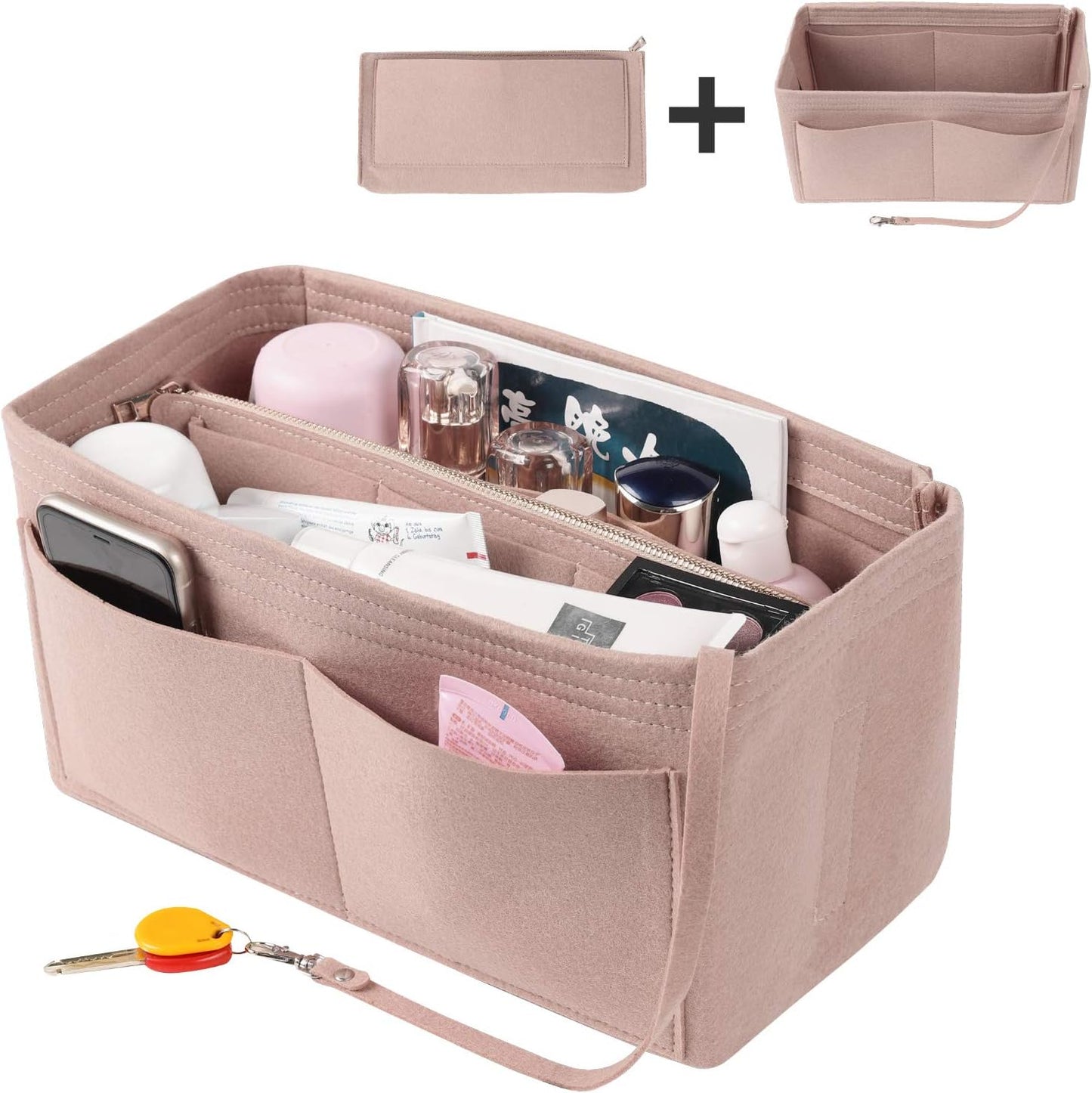 LITLANDSTAR Multi-Compartment Solid Color Felt Bag Large Capacity Makeup Bag Women Travel Large Makeup Organizer Toiletry bag Storage Pouch Handbag Tote, Khaki