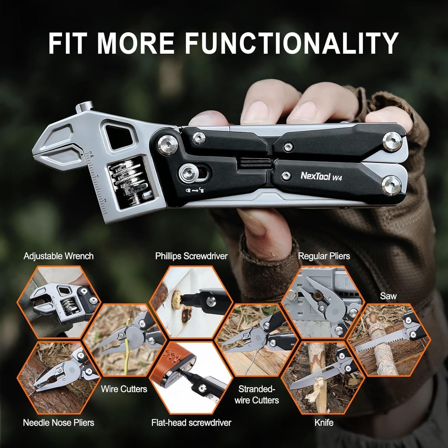 NexTool Adjustable Wrench Pliers, 11-in-1 Collapsible EDC Tool with Pliers, Knife, Saw and Screwdriver for Camping, DIY and Men's Gifts (W4)