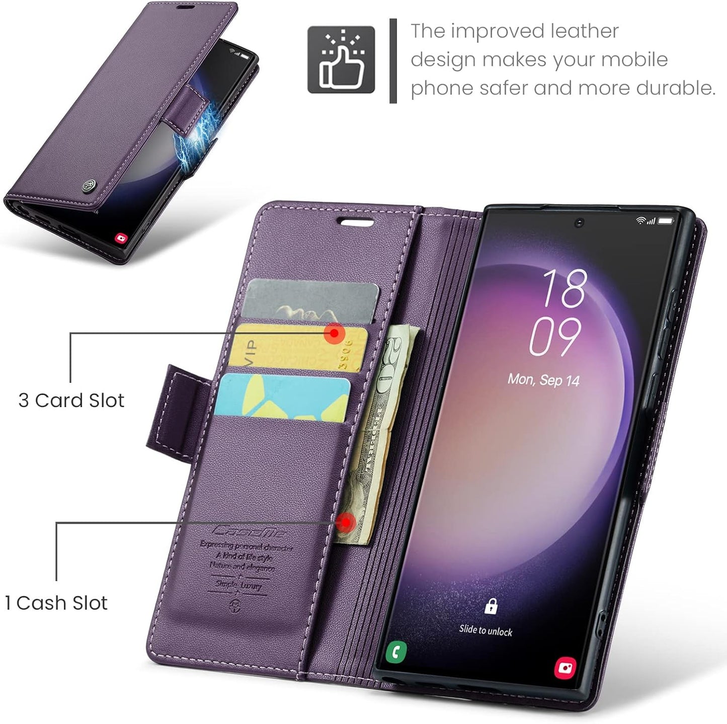 ELEPIK for Galaxy S23 Ultra Case with Card Holder, Kickstand [3 Card Holder + 1 Cash Slot] [Durable PU Leather] Magnetic Wallet Phone Cover for Samsung Galaxy S23 Ultra, Fashion Purple