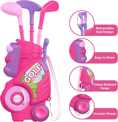 Liberry Toddler Golf Set for 2 3 4 5 Years Old, Upgraded Kids Golf Cart with Unique Shoulder Strap Design, Indoor and Outdoor Golf Toys for Boys Girls (Pink)