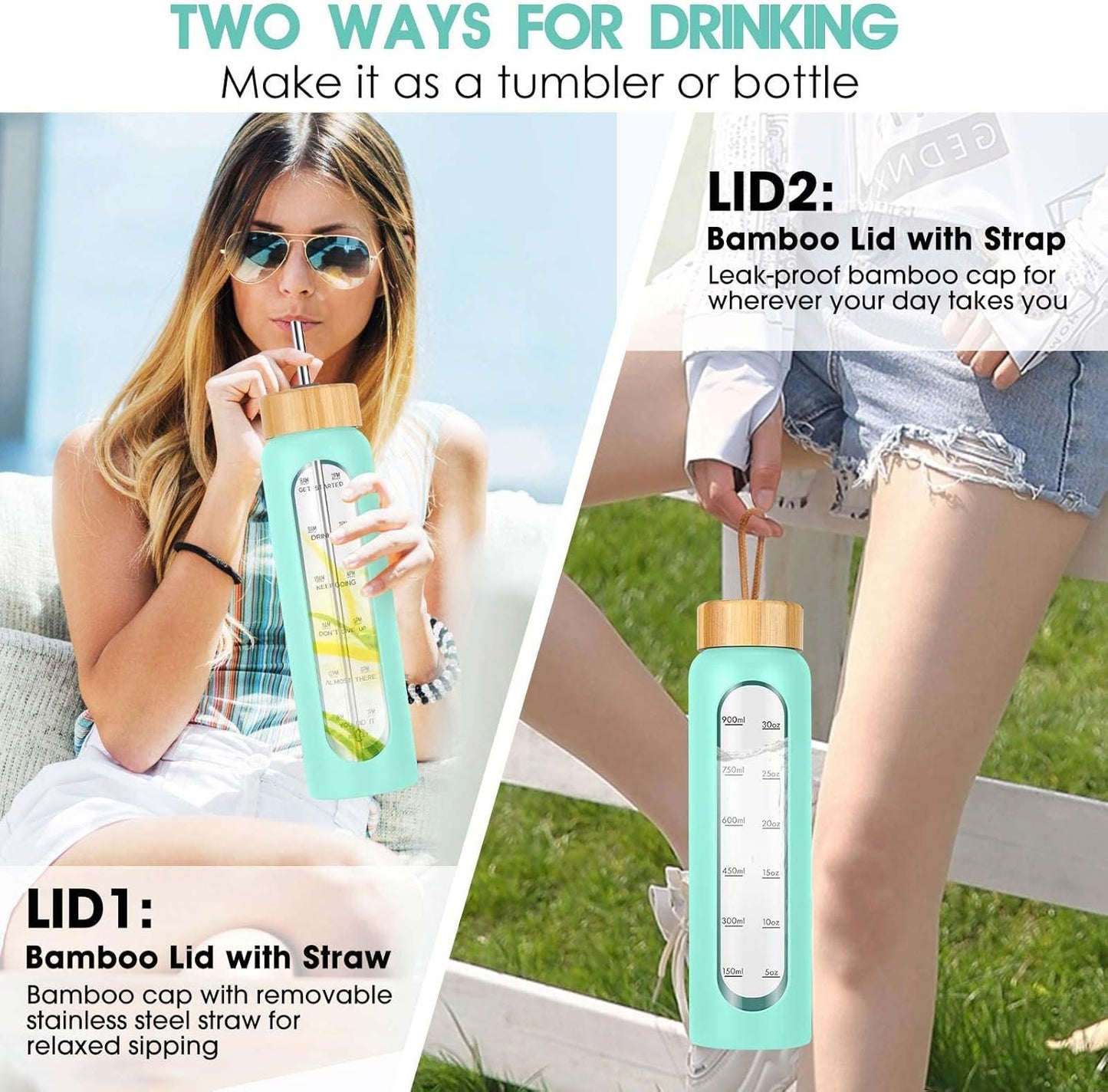 SipZest 32 oz Glass Water Bottle with Straw - Motivational Time Marker & Silicone Sleeve - Reusable Tumbler Includes 2 Bamboo Lids & Fruit Infuser - 1 Pack