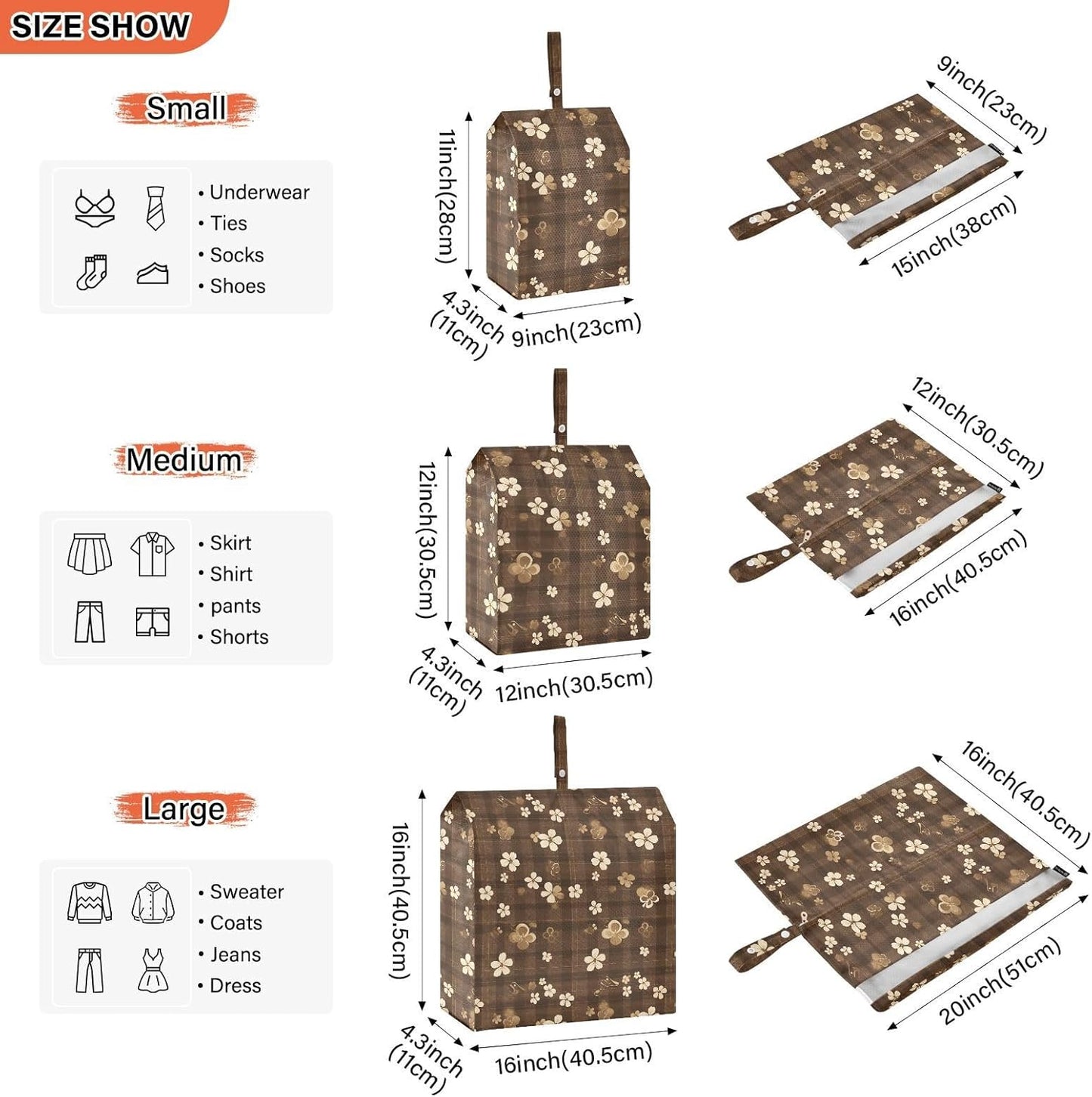 Clovers Brown Plaids 3pcs Travel Packing Storage Bags Portable Folding Closet Organizer Plastic Storage Bags Office Storage & Organization