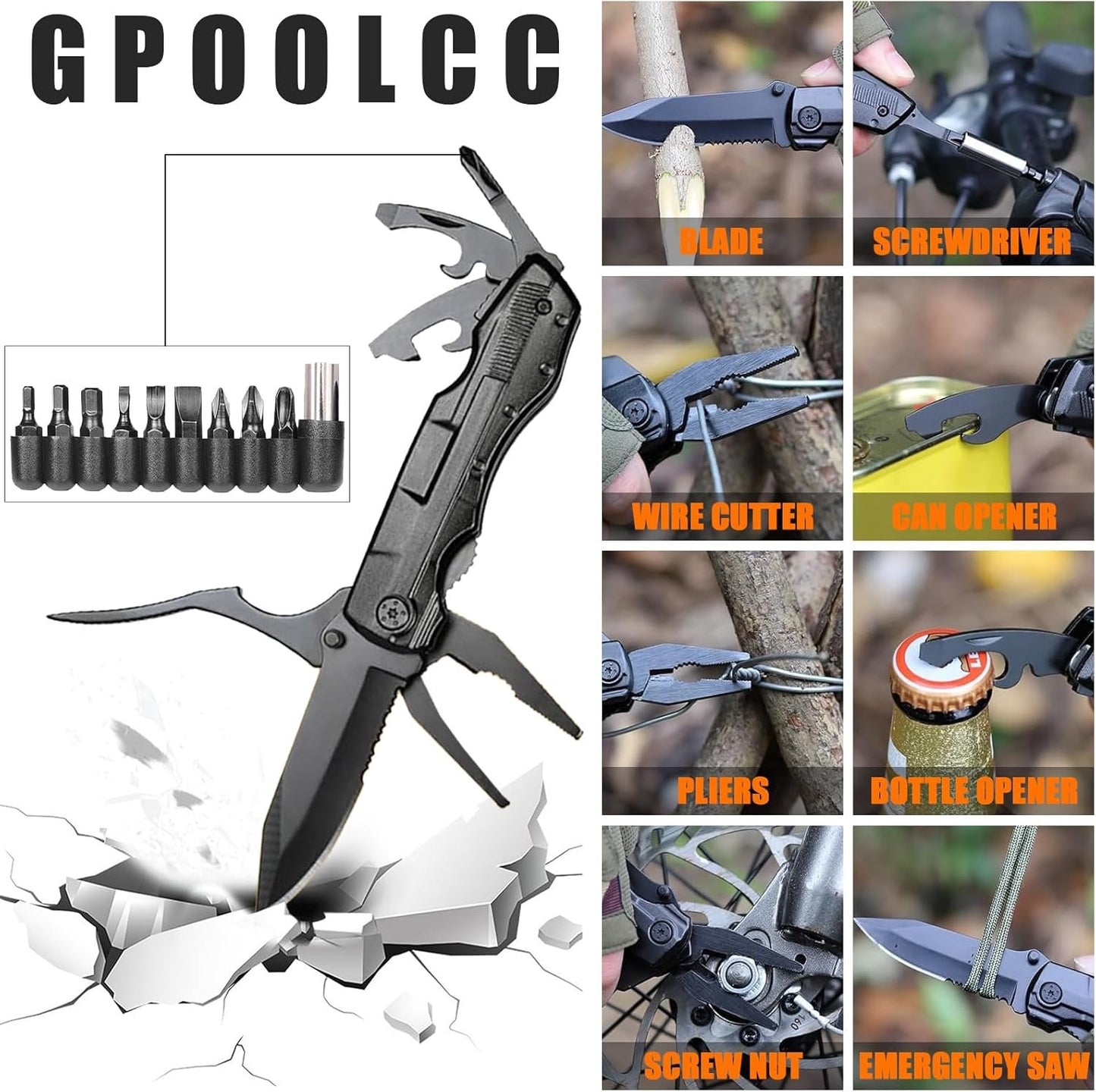 GPOOLCC Pocket Multitool with Safety Locking Handy, Gifts for Men, 12 in 1 Multi Tool with Pliers Knife Bottle Opener Screwdriver Saw, Perfect for Outdoor, Survival, Camping, Hiking, Simple Repair