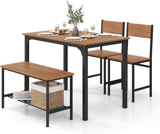 Giantex 4Pcs Dining Table Set, 1 Table & 1 Bench & 2 Chairs, Space-Saving Kitchen Set, Metal Frame & Storage Shelf, Industrial Desk Chair Set for Gathering Kitchen Dining Room Restaurant