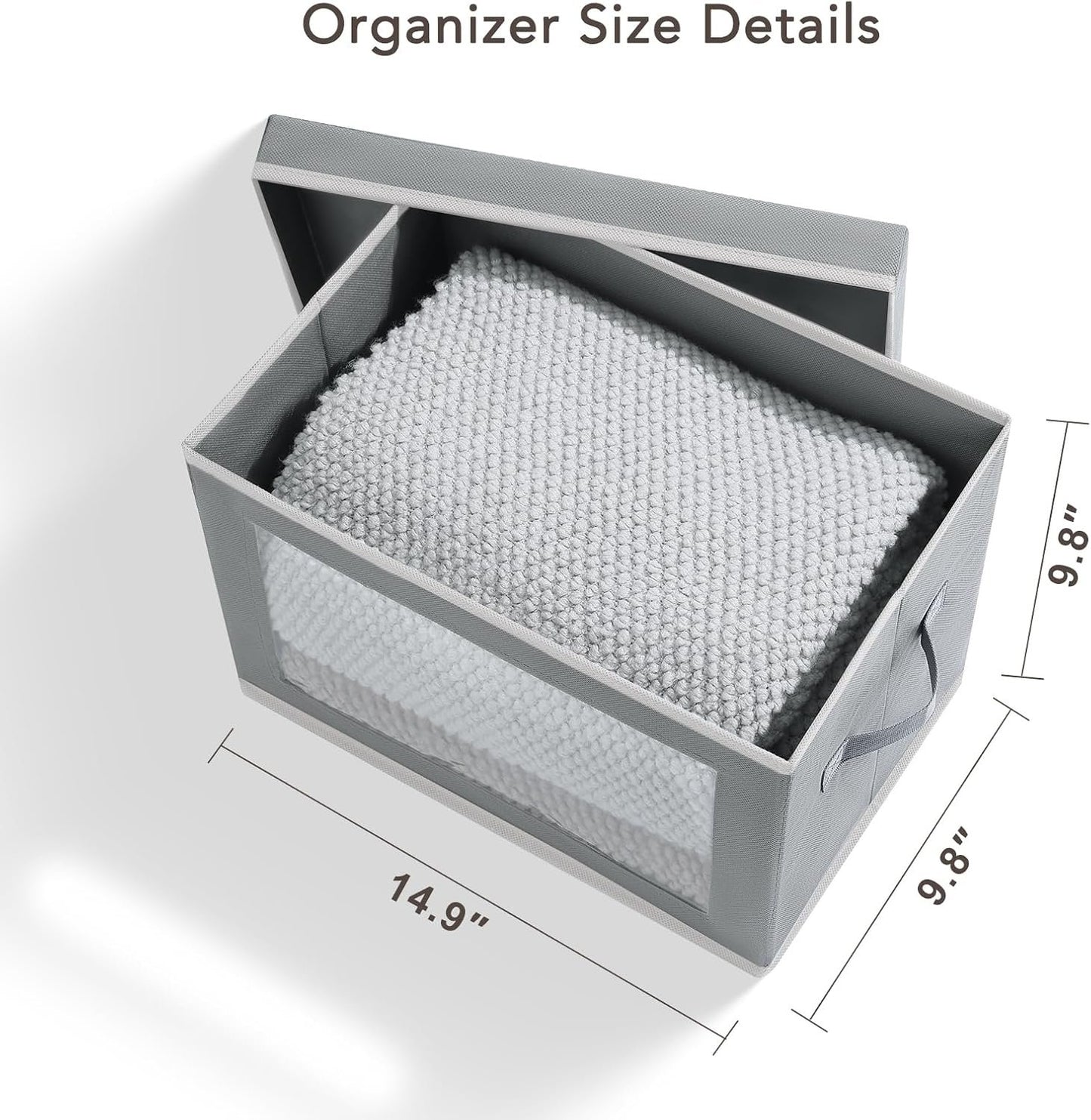 DIMJ 4Pcs Storage Bins with Lid, Collapsible Storage Box with Portable Handle and Transparent Viewing Window,Foldable Storage Box Stackable Storage Containers for Clothes Books Light-Grey