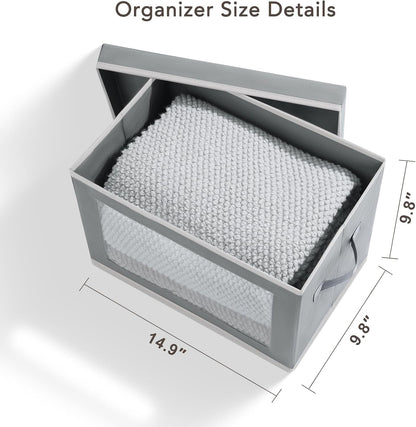 DIMJ 4Pcs Storage Bins with Lid, Collapsible Storage Box with Portable Handle and Transparent Viewing Window,Foldable Storage Box Stackable Storage Containers for Clothes Books Light-Grey