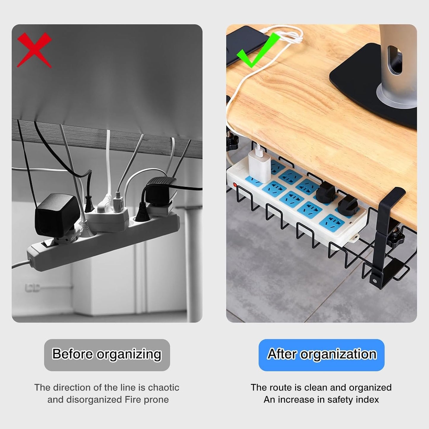 Qshare Under Desk Cable Management Tray,16.5" No-Drill Under Desk Cable Organizer for Wire Management Desk Cable Rack for Office and Home