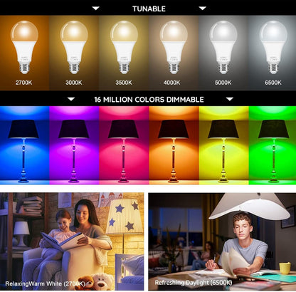 4 Pack Smart Wi-Fi LED Bulbs, E27 Light Bulbs, RGBW Smart LED Light Bulbs with 16 Million Colors, Cool and Warm White Light, Dimmable 2700K to 6500K White Lights