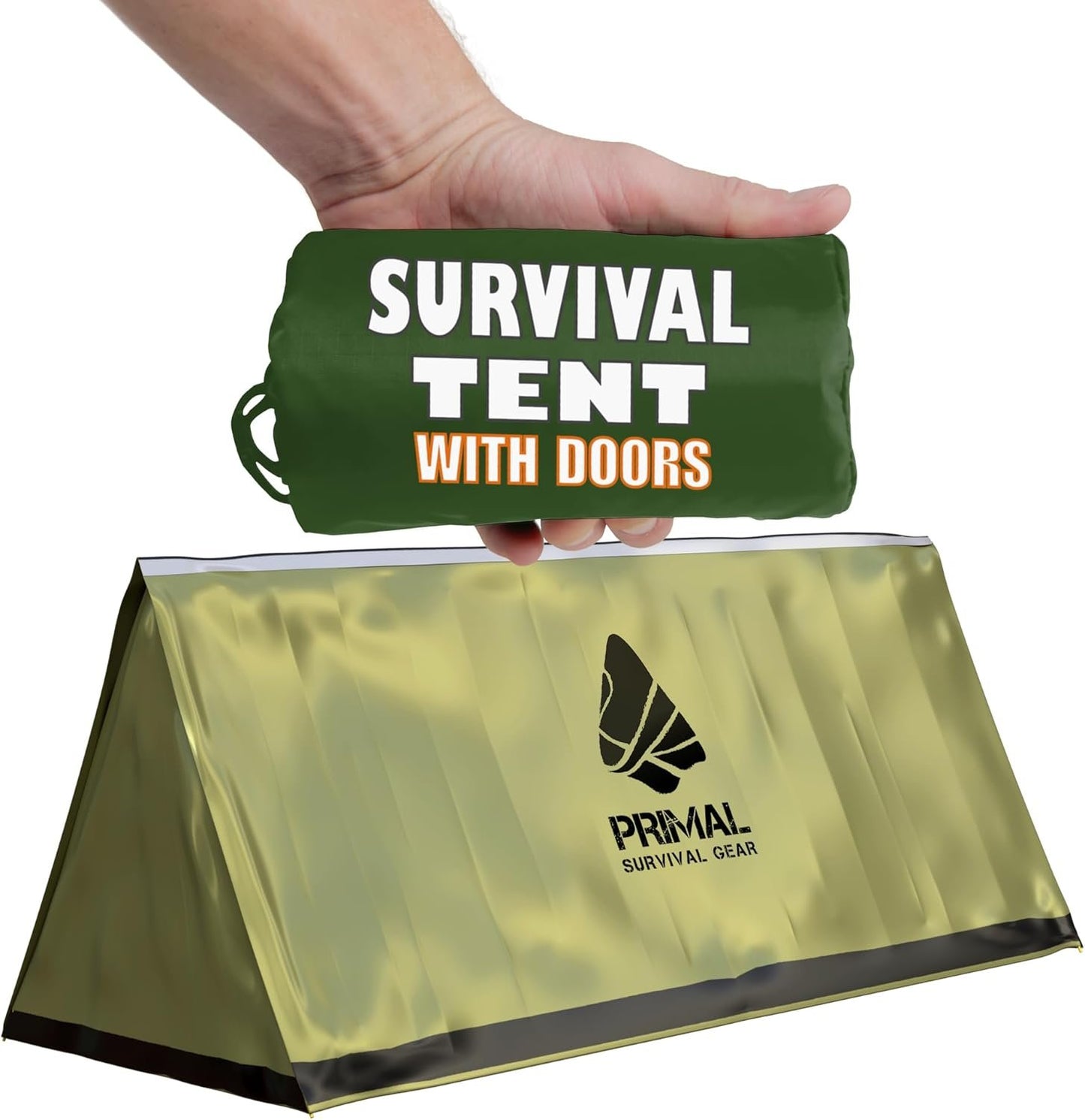 Primal Survival Gear Orange Polyester Survival Tent with Doors - Compact, Durable, All-Season Shelter for Camping, Hiking, and Emergency Preparedness