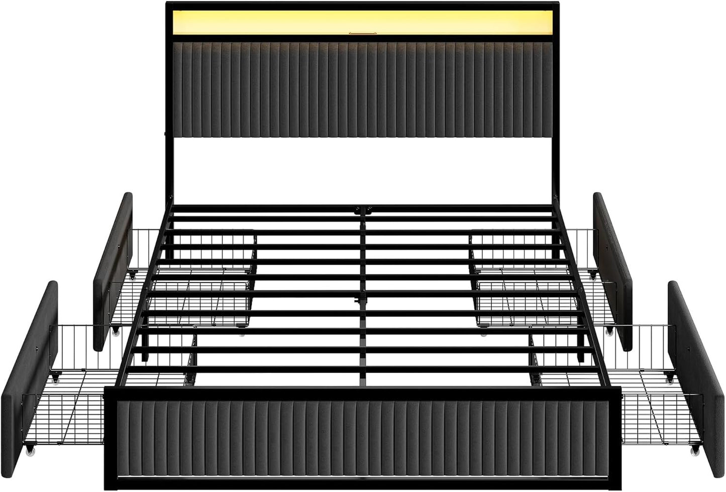 ROLETALENT Full Bed Frame with 4 Storage Drawers and Headboard Upholstered Bed Frame Full Size with Charging Station & LED Velvet Platform Bed Frame Metal Support No Box Spring Needed Dark Grey