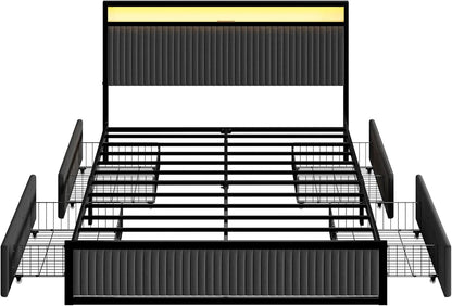 ROLETALENT Full Bed Frame with 4 Storage Drawers and Headboard Upholstered Bed Frame Full Size with Charging Station & LED Velvet Platform Bed Frame Metal Support No Box Spring Needed Dark Grey