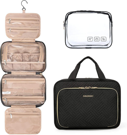 Toiletry Bag, Bagsmart Hanging Travel Makeup Organizer with TSA Approved Transparent, Cosmetic Bag Makeup Bag for Full Sized Toiletries