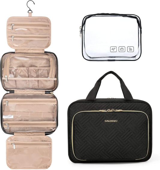 Toiletry Bag, Bagsmart Hanging Travel Makeup Organizer with TSA Approved Transparent, Cosmetic Bag Makeup Bag for Full Sized Toiletries