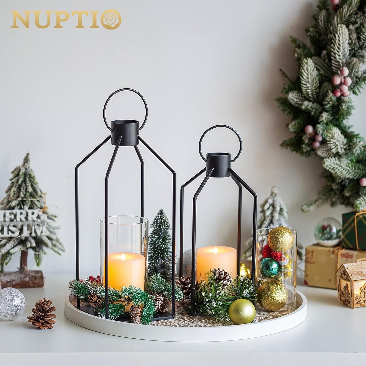 Nuptio Decorative Lantern Candle Holder: 2 Pcs Glass Hurricane Pillar Candles Holders Rustic Black Metal Hanging Lanterns Decor for Outdoor Wedding Farmhouse Home Fireplace Christmas Halloween