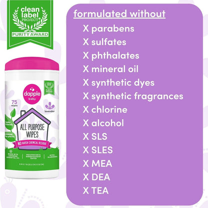All Purpose Wipes by Dapple Baby, Hint of Lavender, 75 Count Canister + 30 Count Pouch - Plant Based & Hypoallergenic Cleaning Wipes