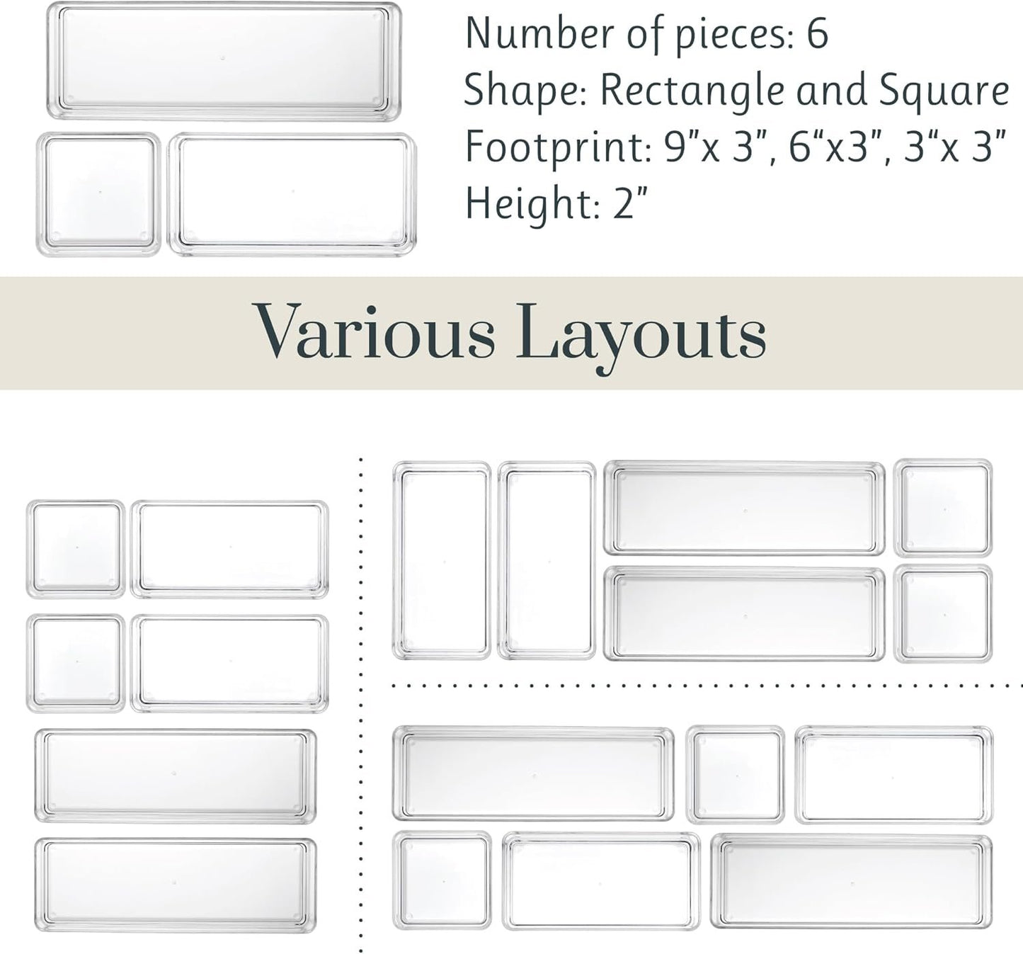 STORi SimpleSort 6-Piece Stackable Clear Drawer Organizer Set | Multi-size Trays | Small Makeup Vanity Storage Bins and Office Desk Drawer Dividers | Made in USA