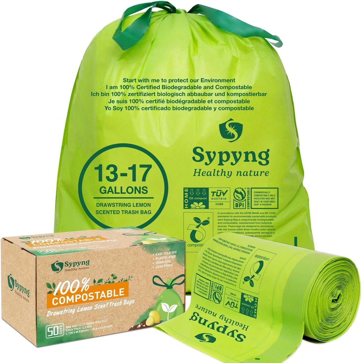 Trash Bags 100% Biodegradable and Compostable Drawstring Lemon-Scented, Large Eco-Friendly,50 Bags/Roll, Extra Thick:1,1 Mils, Compost Home Certified (Green, 13-17 Gallons)