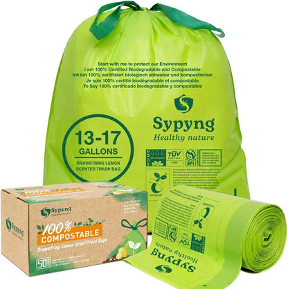 Trash Bags 100% Biodegradable and Compostable Drawstring Lemon-Scented, Large Eco-Friendly,50 Bags/Roll, Extra Thick:1,1 Mils, Compost Home Certified (Green, 13-17 Gallons)