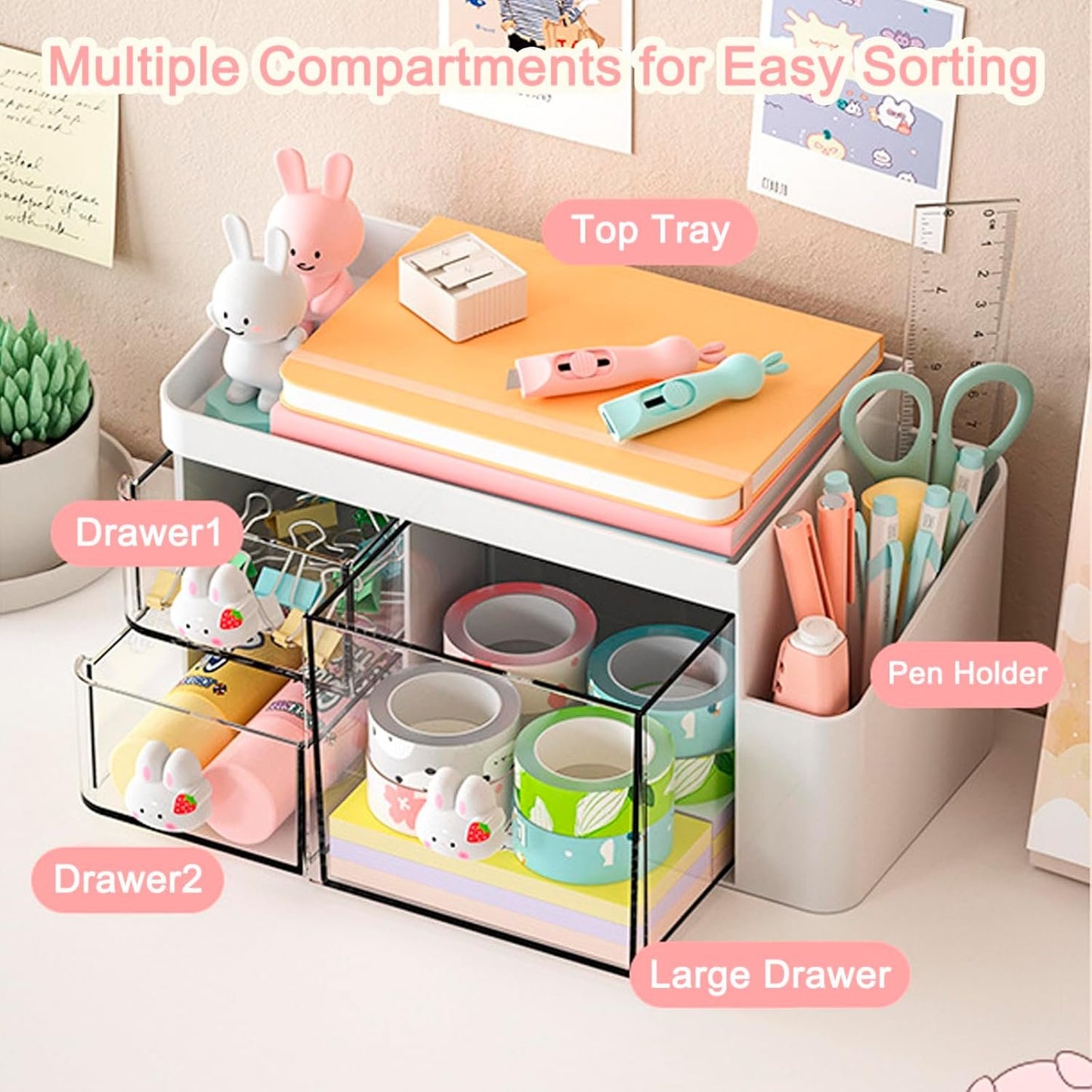 SAYEEC Desk Organizer with 3 Drawers and Pencil Pen holder, Multi-Functional Desktop Makeup Stationery Accessories Organizer, Desk Organization Storage Box Caddy for Office School Home Vanity Table