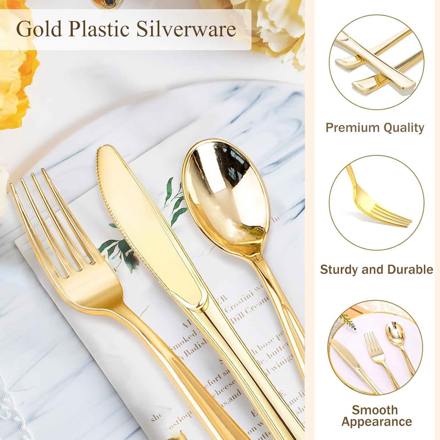 120 PCS Gold Plastic Silverware Sets, Disposable Heavy Duty Gold Utensils Sets,Includes 40 Forks,40 Spoons,40 Knives, for Wedding Reception Family Gatherings, Party, Birthdays and Daily Use