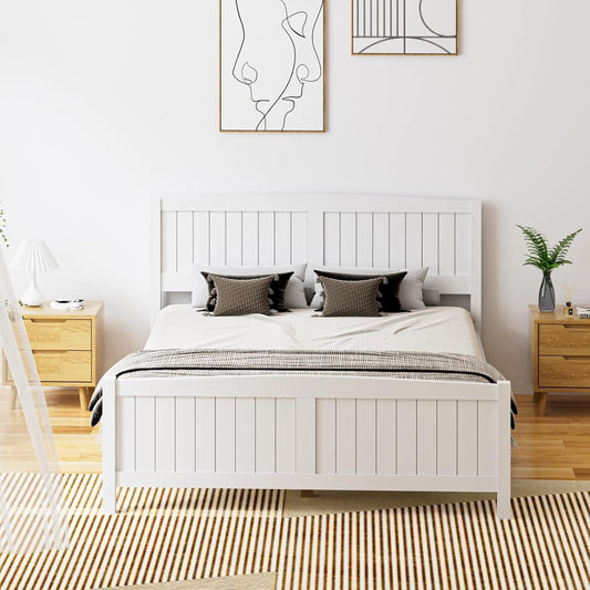 OIKITURE Queen Size Wooden Bed Frame Hampton-Style, Pinewood Bed Frame Platform with Bed Head and High Bed Leg - Compatible with Australian-Sized Mattresses, 211X161X94cm