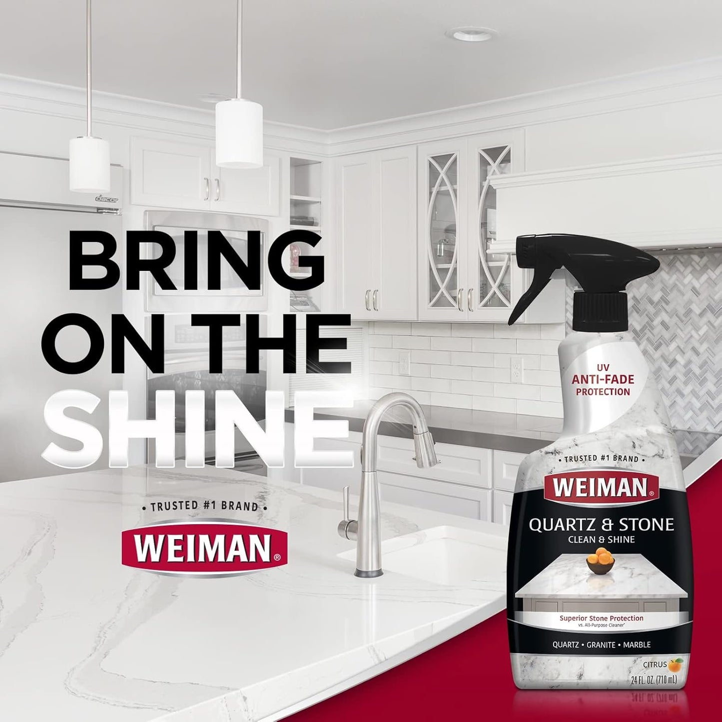 Weiman Quartz Countertop Cleaner and Polish - 24 Ounce (2 Pack) with Microfiber Towel Included - Clean and Shine Quartz Countertops Islands and Stone Surfaces, UV Protection, Orange Citrus Scent