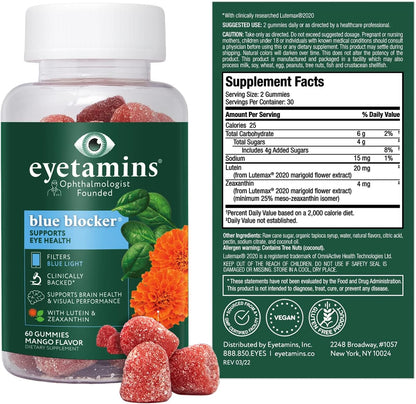 Eyetamins Blue Blocker® Eye Health - 60 Lutein Gummies - Ophthalmologist-Developed - Support Vision, Filter Blue Light & Help Eye Strain - Promotes Sleep, Focus Eyesight – Vegan & Non-GMO Formula