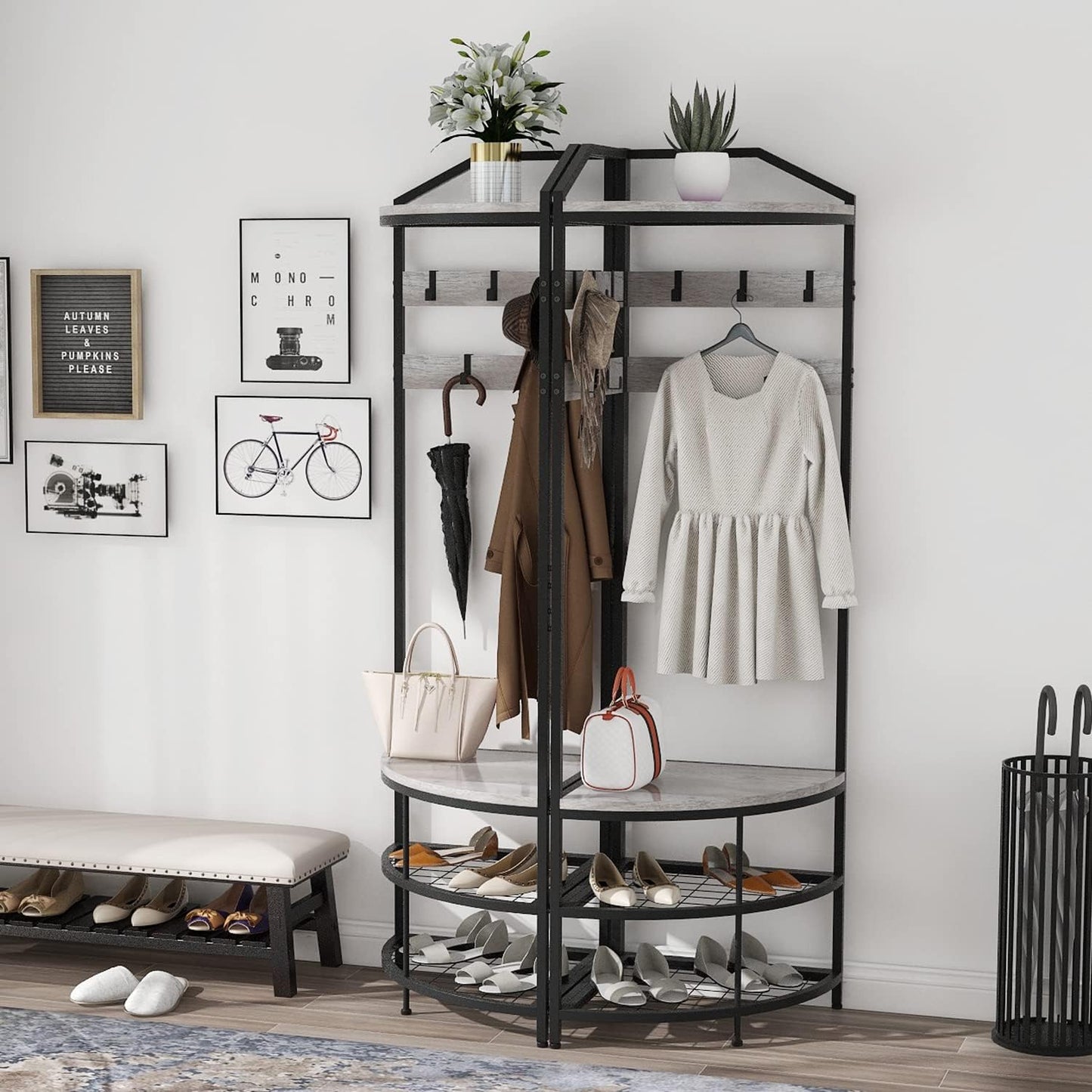 VEDECASA Metal Corner Coat Rack with 12 Movable Hooks for Hallway Living Room Bedroom Office Hallway Entrance Grey