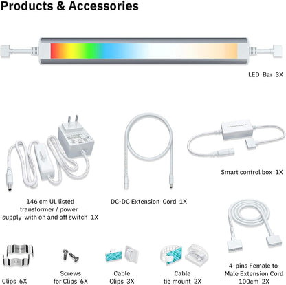 Smart Under Cabinet Lighting Strip Lights White and Multi Color Work With Amazon Alexa Google Home Dimmable for Show Case, TV Back Lights, Kitchen Counter, Book Case, Under Bed (3 Lights Bar kit)