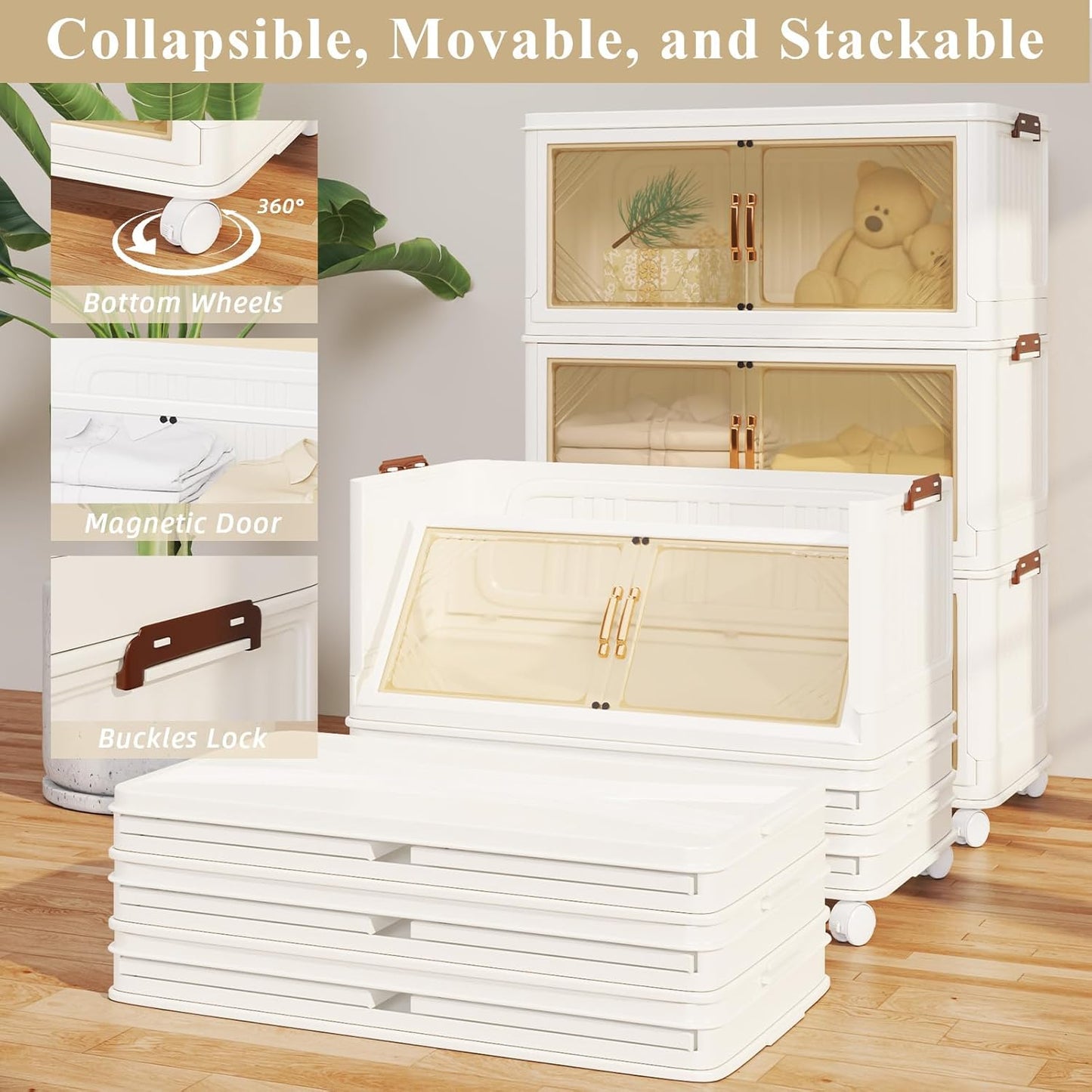 Storage Bins with Lids, 90 Gal/360 Qt Capacity, 3 Pack Large Stackable Storage Bins with Lids, White Collapsible Storage Bins with Wheels, Foldable, Customizable, for Home Office Organization