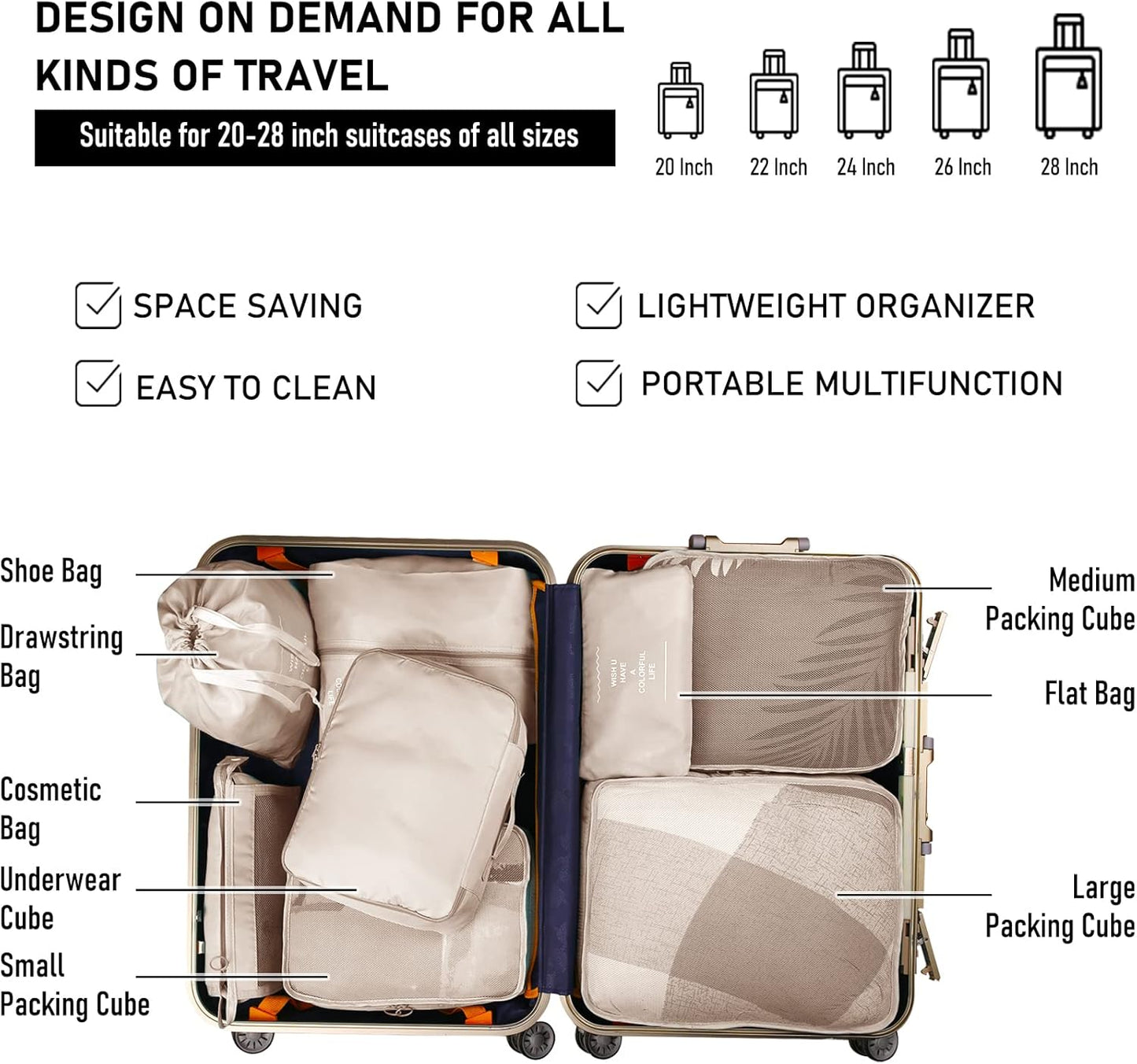 Neween 8 Set Packing Cubes for Suitcases, Travel Luggage Organizer with Shoe Bag, Toiletry Bag & Laundry Bag, Compression Packing Cubes Set Travel Accessories Clothes Storage Bag (Beige)