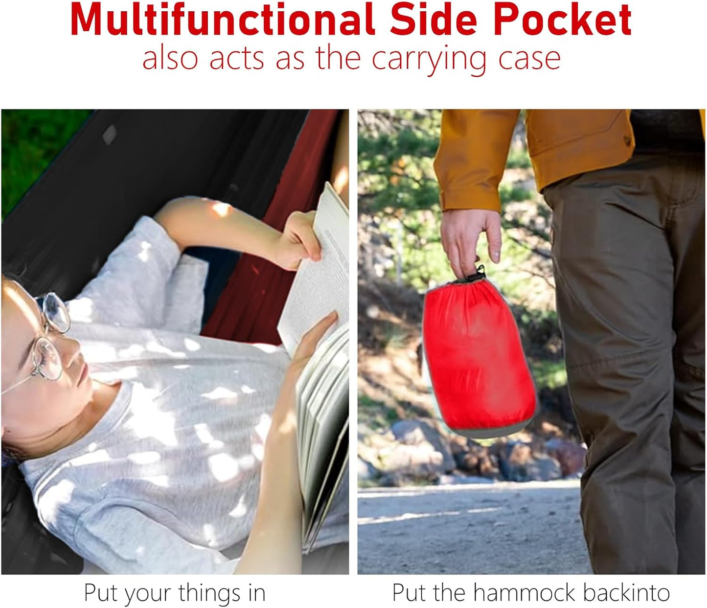 SOOPRNO Camping Hammock. Portable Double and Single Hammock with 2 Tree Straps and Attached Carry Bag. Camping Gear for Outdoor Hiking Camping Beach Backpacking Travel. (Black & Red)
