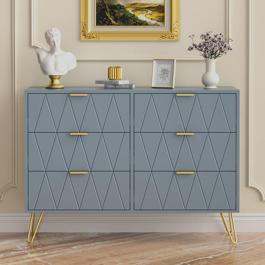 UEV Chest of 6 Drawers, Wooden Chest of Drawers, Space-Saving Chest of Drawers for Bedroom, Living Room, 100 x 34 x 73 cm, Blue Grey