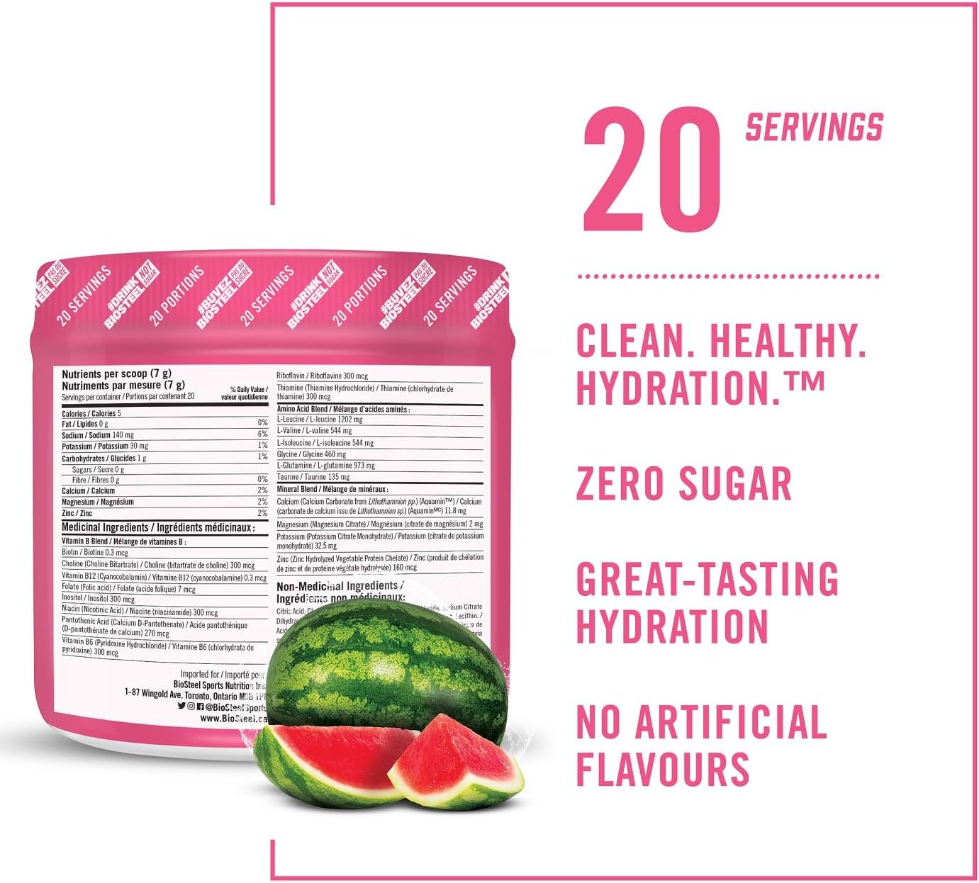 BioSteel Hydration Mix, Great Tasting Hydration with Zero Sugar, and No Artificial Flavours or Preservatives, Watermelon Flavour, 20 Servings per Tub