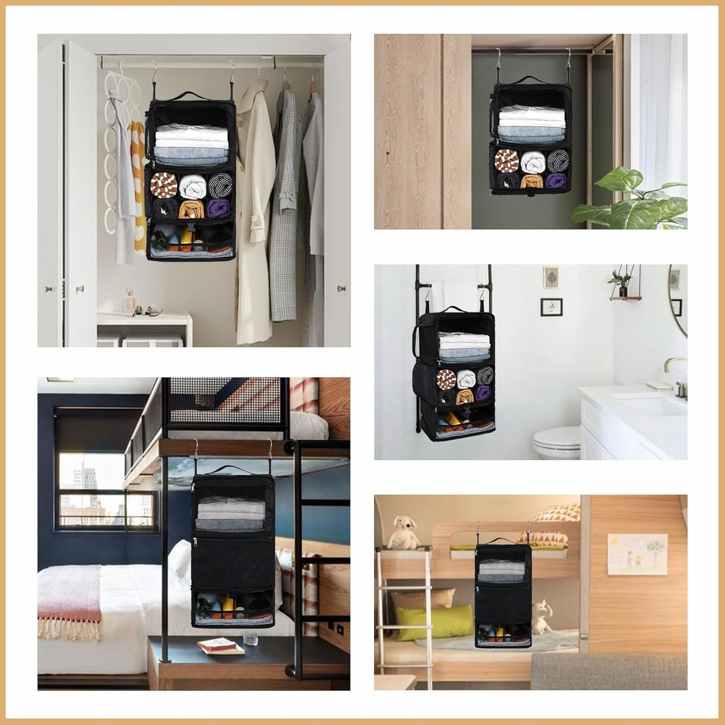 Surblue Hanging Shelves Travel Storage Bag Compression Packing Cube for Suitcase Portable Closet Organizer Collapsible with Extension Layer Large Capacity,Black,XL