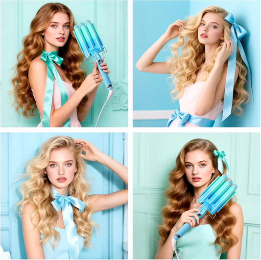 3 Barrel Curling Iron Hair Crimper: Aleath Dual Voltage Adjustable Temperature Three Barrels Hair Waver - Ceramic 1 inch Curler Wand（Blue）