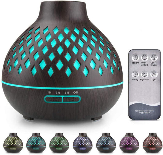 Essential Oil Diffuser, Aromatherapy Diffuser 500ml with Remote Control, 4 Timer & Auto-Off Safety Switch, 7 Color LED Lights Mode, 10 Hours Quiet Humidifier for Bedroom, Office & Home