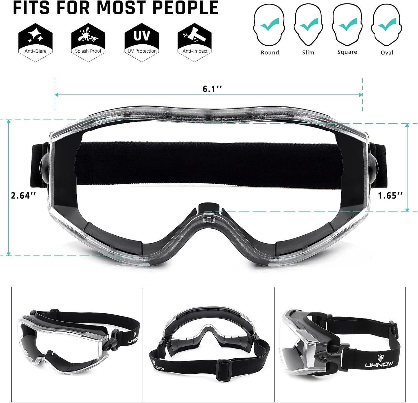 UKNOW Safety Goggles Over Glasses - Anti-Fog Clear Lens - ANSI Z87.1 Certified Eye Protection for Lab Work, Industrial Use