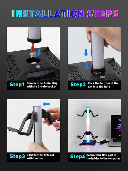 V RGB Gaming Headphones Stand with 2 USB Ports， Headset Stand with 10 Light Modes and Non-Slip Rubber, Suitable for All Earphone Accessories, Best Gift for Husband, Kids, Boyfriend