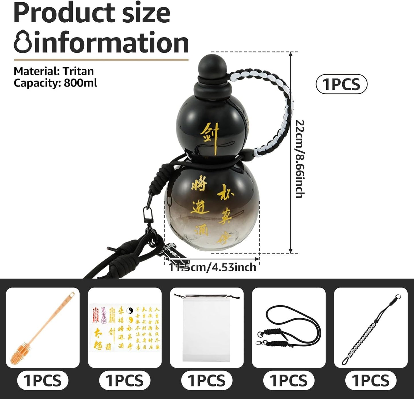 Gourd Water Bottle, 28oz Large Gourd Style Tritan Water Bottle, Drinking Gourd Bottle Gourd Drinking Cup Jug w Strap Waist Rope Cup Brush Charm DIY Sticker, Leak Proof Screw Top Sports Water Bottle