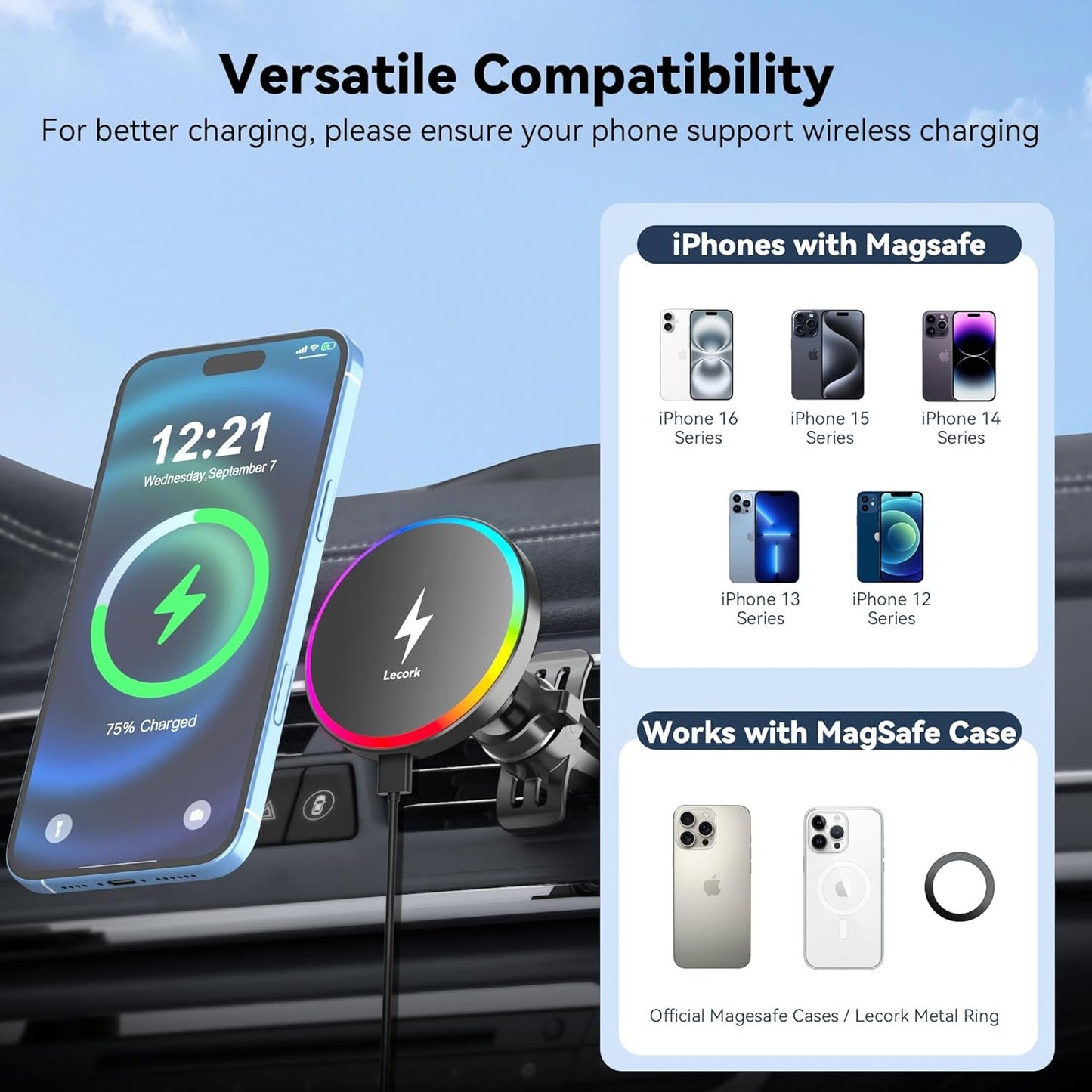 for Magsafe Car Mount Charger, 15W Magnetic Wireless Car Charger for iPhone, Magnetic Air Vent Car Holder Charger for iPhone 16 Pro Max/16/15/14 13 12/Samsung S25/S25+/Ultra, LED RGB Design