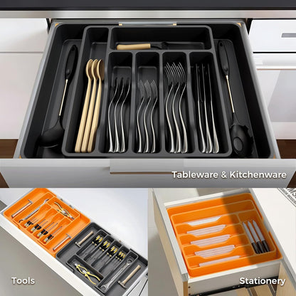 Silicone Cutlery Organizer for Kitchen, Expandable Utensil Drawer Organizer with Grooved for Flatware and Kitchen Utensils, Orange