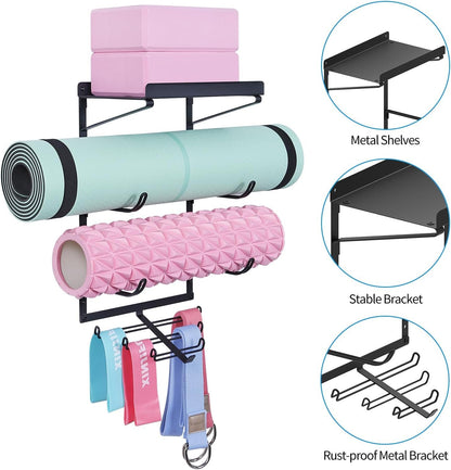 Yoga Mat Holder Wall Mount Yoga Mat Storage Rack Home Gym Accessories with 3 Sectional and 7 Hooks for Hanging Foam Roller and Resistance Bands at Fitness Class or Home Gym