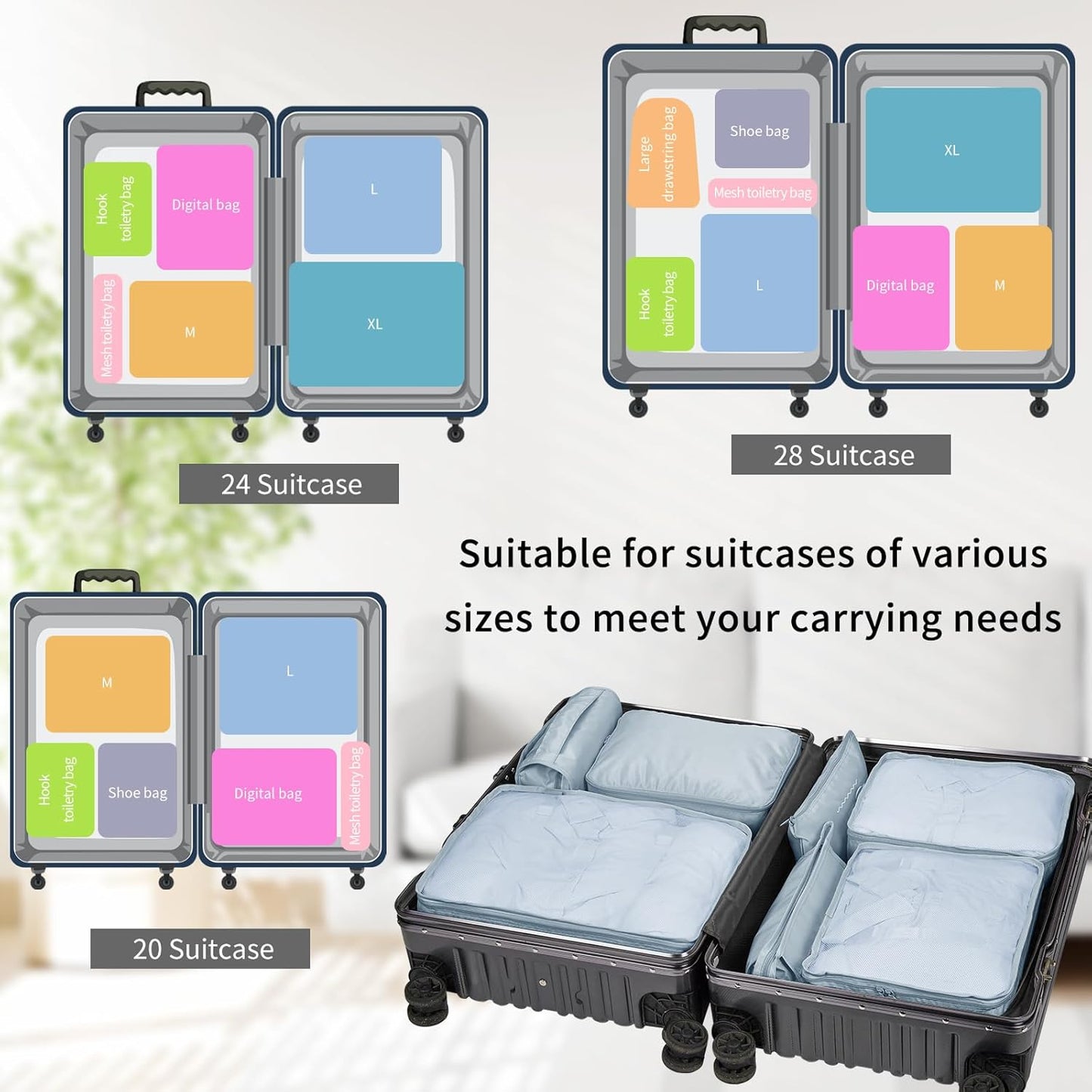Coolzon Packing Cubes Travel Suitcase Organizer Set of 11, Compression Luggage Organizer Space-Saving for Clothes, Ultralight, Shoes, Underwear, Black, grey