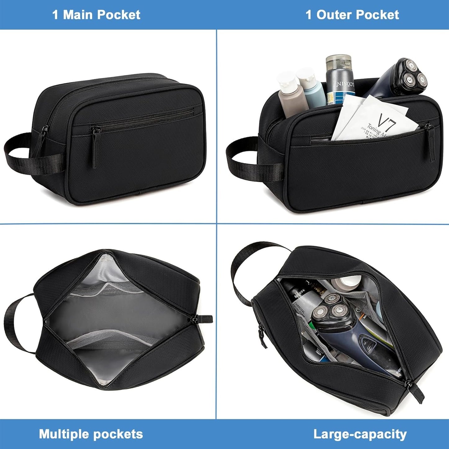 Travel Toiletry Bag for Men Women,Toiletries Dopp Fit, Water Resistant Shaving Bags,Small Bathroom Hygiene Organizer Pouch, Black, Toiletry Bag