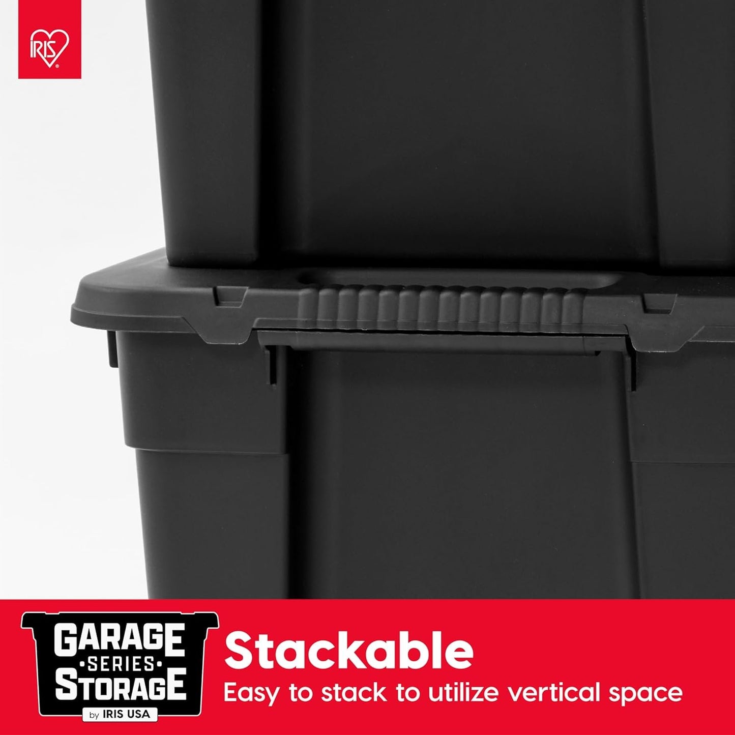 IRIS USA 117.4 L Heavy Duty Totes for Storage with Easy-Grip Handles, 4 Pack, Storage Bins with Lids, Durable Stackable Utility Containers, Large Garage Organizing Tubs - Black