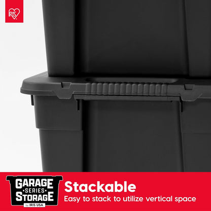 IRIS USA 117.4 L Heavy Duty Totes for Storage with Easy-Grip Handles, 4 Pack, Storage Bins with Lids, Durable Stackable Utility Containers, Large Garage Organizing Tubs - Black