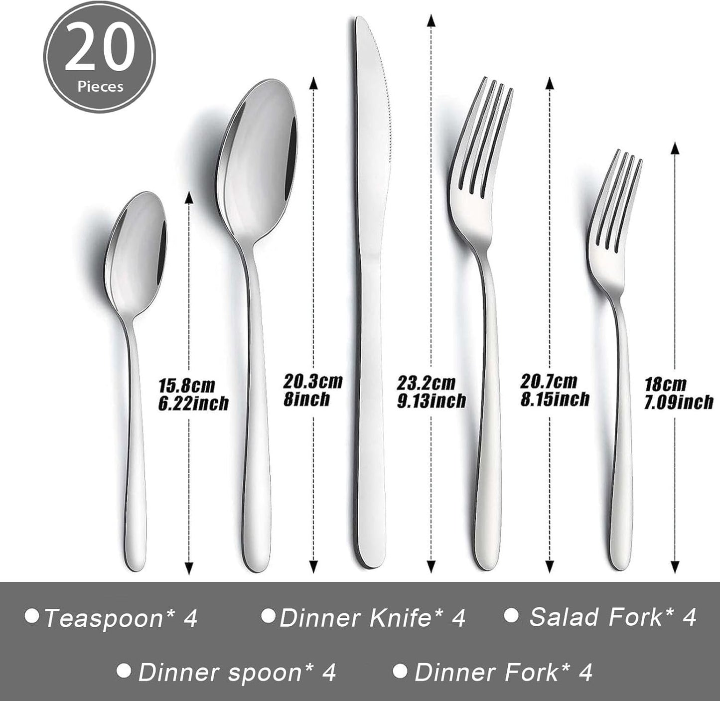 Cutlery Set for 4 People, APEO 20 Piece Food-Grade Stainless Steel Flatware Set, Silverware Set Includes Forks, Spoons and Knives, Utensils Set for Family/Party/Restaurant, Dishwasher Safe